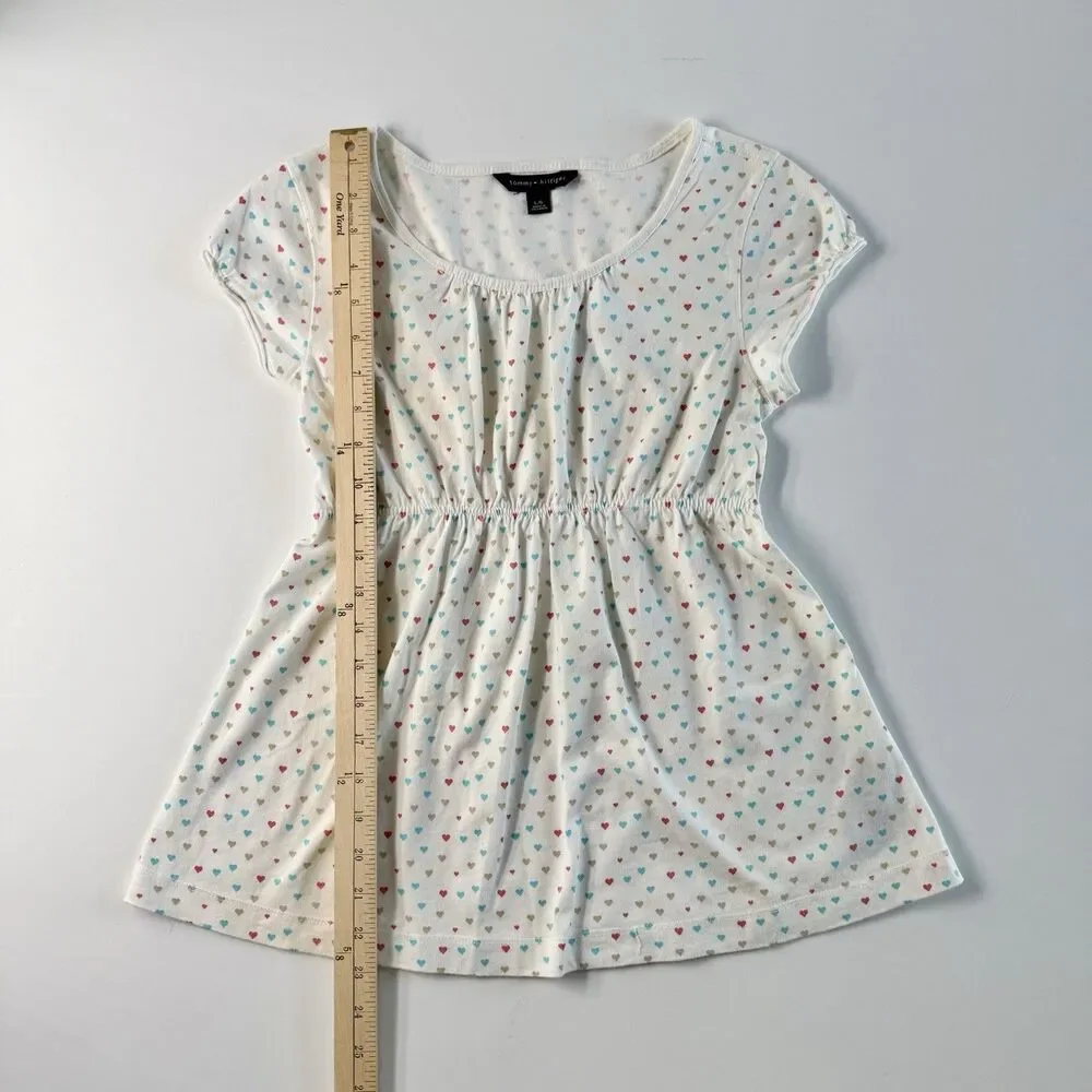 Vintage TOMMY HILFIGER Babydoll Knit Crew Top Girl's Size L White w/Hearts Y2K